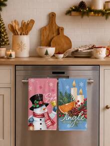 2PCS Kitchen Towel, Dopamine Christmas Snowman Candle Pattern Kitchen Towel Dish Cloth, Watercolor Style 40*60cm Rectangular Soft Microfiber Cleaning Kitchen Towel, Perfect For Kitchen, Dining Room And Bathroom Use, Christmas Kitchen Decoration, Home Decor, Neighbor Housewarming Gift, Dish Cloth - Multicolor - View 2