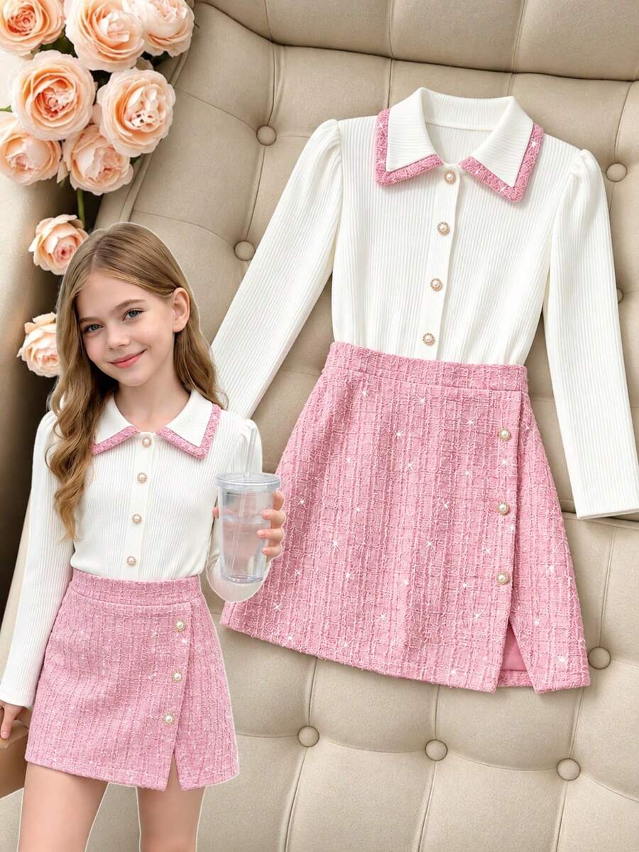 Autumn Girls' Fashion Casual Colorblock Ribbed Jacket And Skirt Set - Pink - View 1