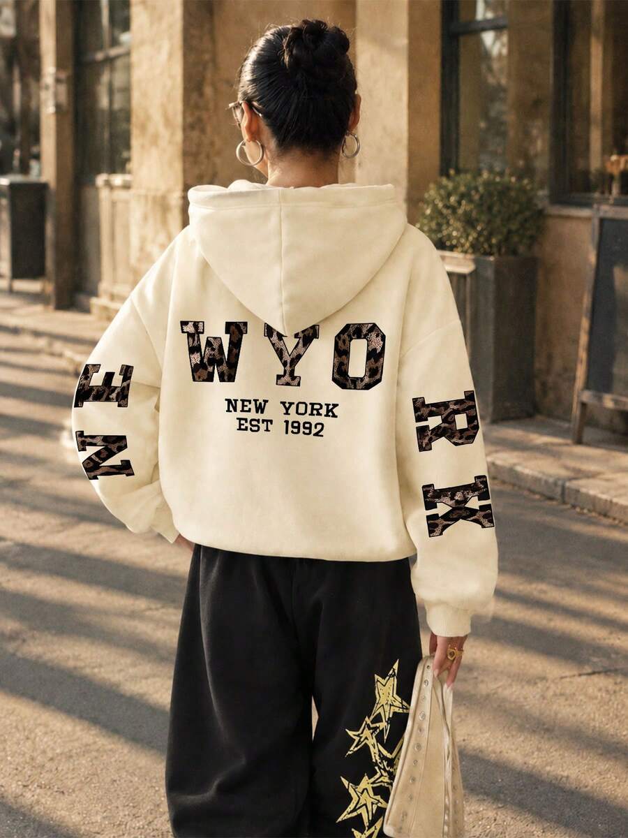 秋冬女款豹紋字母印花街頭時尚韓版舒適Y2K灰色連帽衛衣 - 杏色 - 查看 1