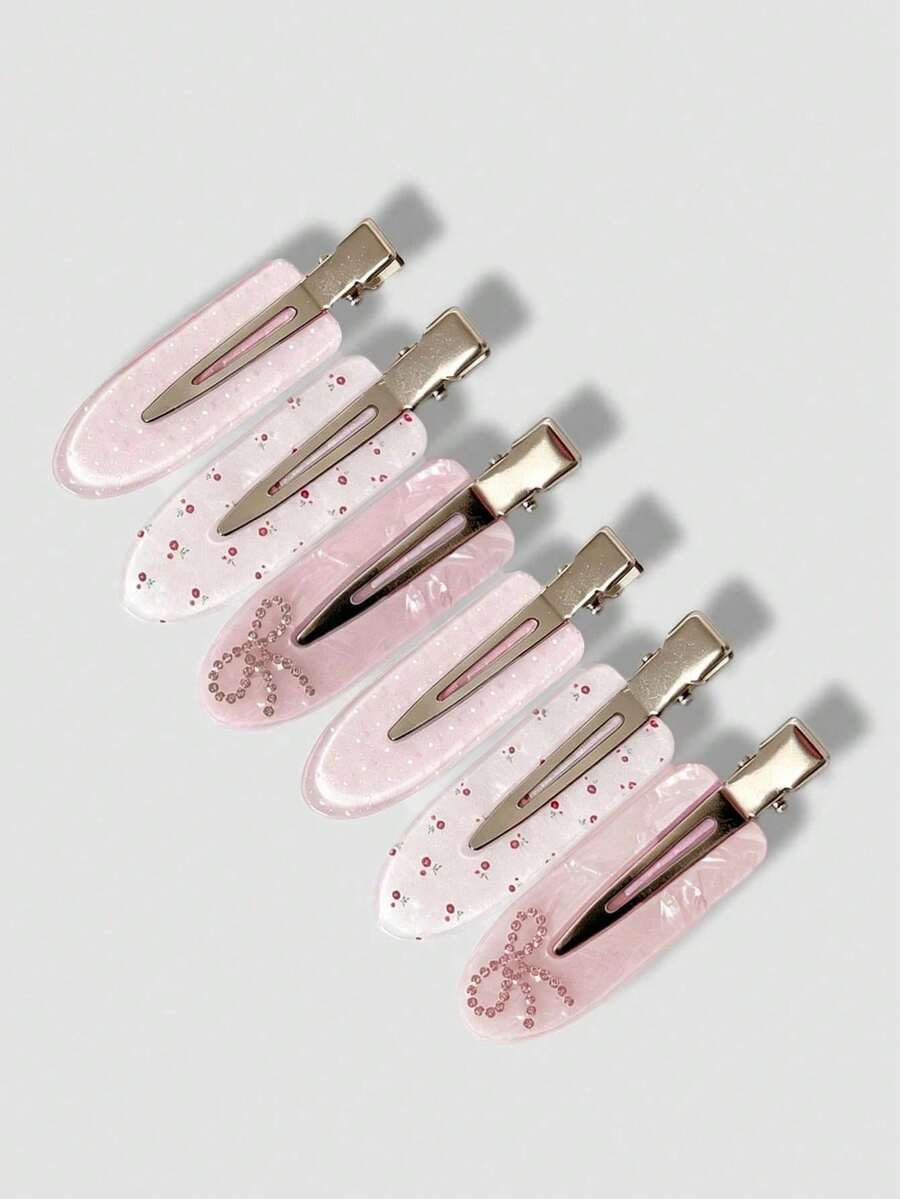 1/3/6pcs Cute Sweet Style Pink Seamless Crocodile Hair Clips, Gentle Girl Style Floral Polka Dot Side Bangs Clips, Rhinestone Bow Hair Clips For Women - Pink - View 1