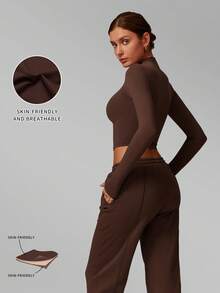 MFVIM Women's Autumn/Winter New Fitted Top + Wide Leg Pants 2-Piece Set, Versatile Soft Fabric - Coffee Brown - View 4