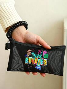 Travel Buddies Themed Mesh Document Storage Bag/Passport Storage, With Multiple Aircraft Routes And Travel Elements Printed With English Letters - Multicolor - View 1