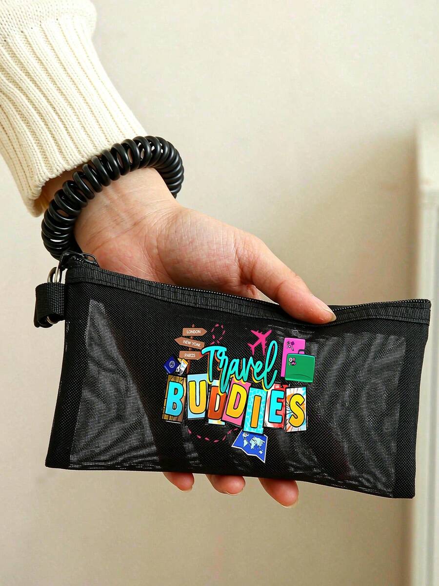 Travel Buddies Themed Mesh Document Storage Bag/Passport Storage, With Multiple Aircraft Routes And Travel Elements Printed With English Letters - Multicolor - View 1