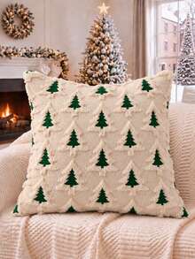 Christmas Beige Double Christmas Tree Pattern Pillowcase, Soft Plush Faux Fur Material, Suitable For Christmas, Winter Holidays, Home, Bedroom And Sofa Use Christmas Decorative Pillowcase - Beige - View 1