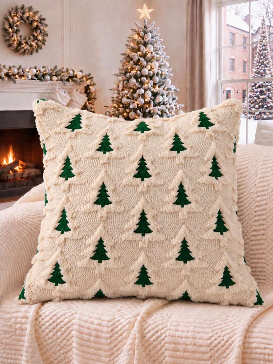 Christmas Beige Double Christmas Tree Pattern Pillowcase, Soft Plush Faux Fur Material, Suitable For Christmas, Winter Holidays, Home, Bedroom And Sofa Use Christmas Decorative Pillowcase - Beige - View 1