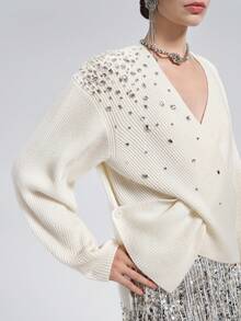 Rich Radi Q's Fashion Women's V-Neck Knit Top, Embellished With Sparkling Rhinestones, Long Sleeve, Unique Wrap Detail, Winter Fashion Outfit Choice - White - View 7