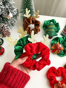 Women's Christmas Velvet Scrunchie, With Santa Claus, Reindeer, Christmas Tree Fabric Applique, Holiday Hair Accessory, Christmas Party Holiday Styling, Daily Gathering Outfit Accessory, Multiple Styles Available - Multicolor - View 11