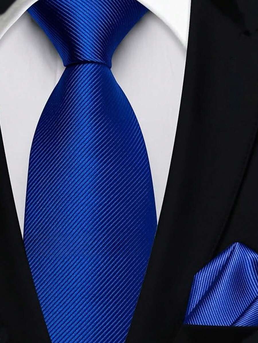 1SET Diagonal Stripe Tie & Pocket Square Set, Solid Color Hand-Tied Tie & Handkerchief Combination, Suitable For Wedding, Party, Cocktail, Banquet, Daily Wear - Blue - View 1