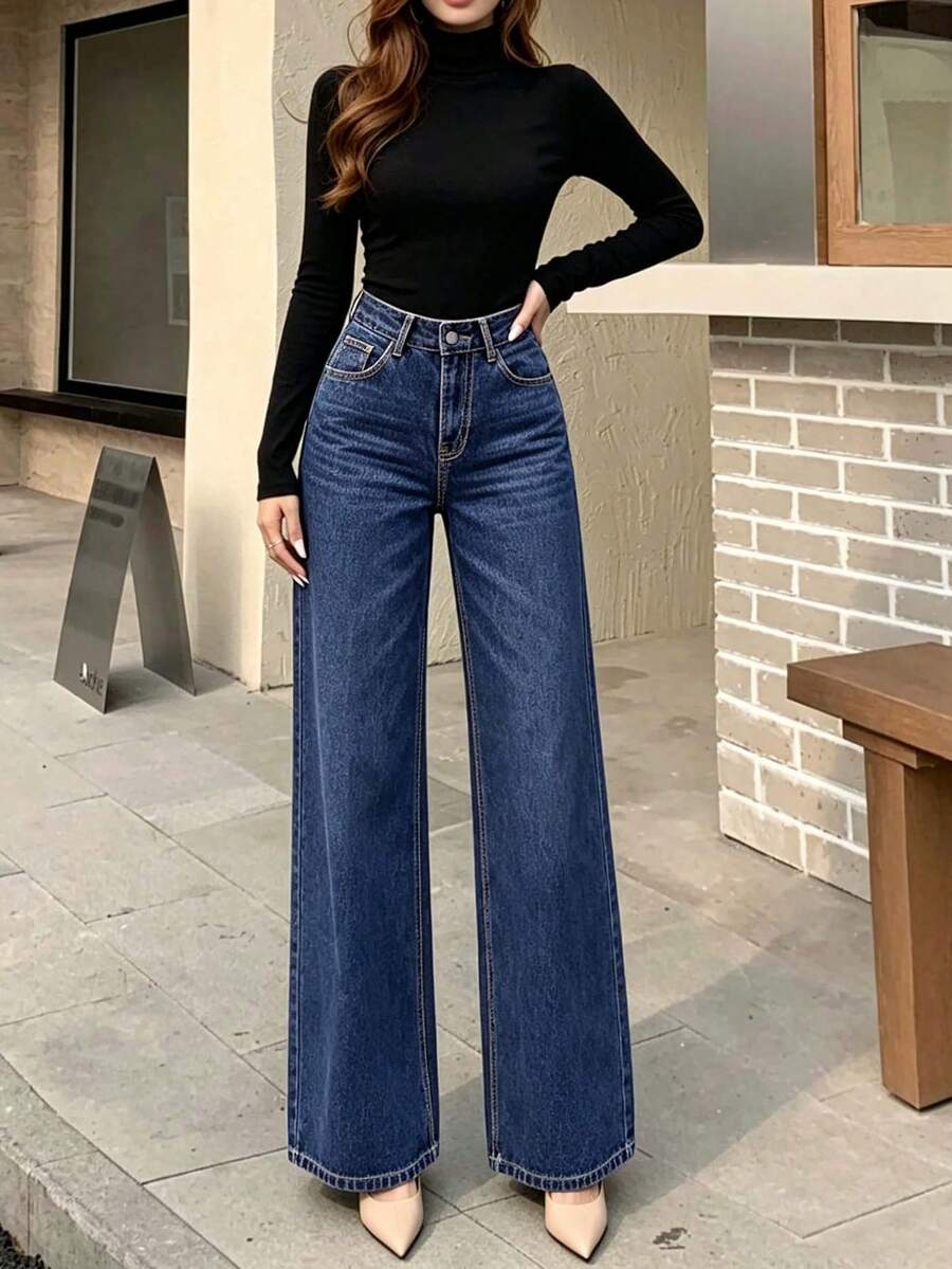 New Fashion Women's Deep Blue Non-Stretch Loose Wide Leg Casual Washed Denim Jeans Fall - Navy Blue - View 1