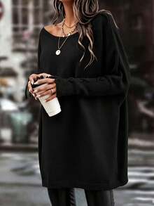 Plus Size Women's Black Off Shoulder Batwing Sleeve Knit Sweater Long Ribbed Tie Detail Autumn/Winter Warm Top - Black - View 4