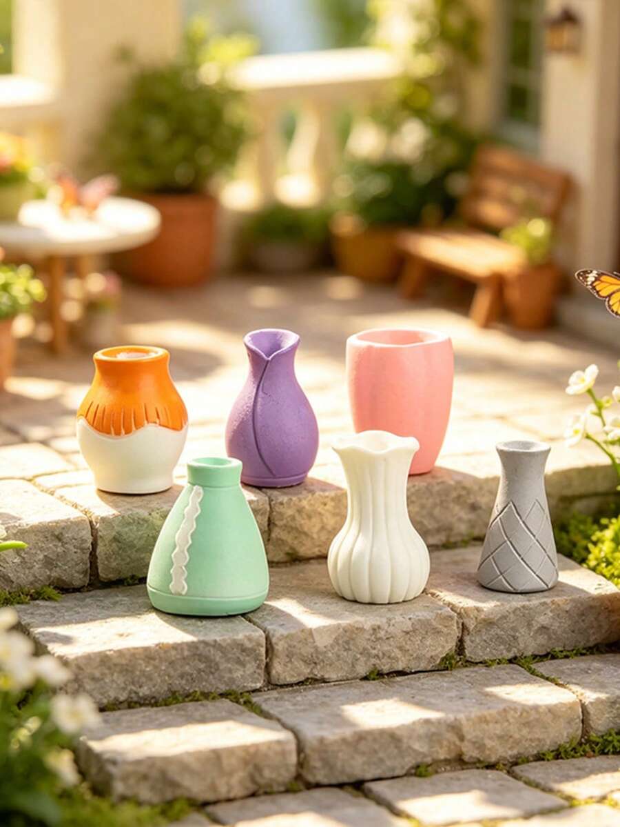6pcs/Set Mini Resin Flower Vase Set, DIY Miniature Model Small Decor, Suitable For Home, Office And Other Desktop Decoration, Outdoor Garden Potted Plant Decoration, Perfect Holiday Gift - Resin Small Vase - View 1
