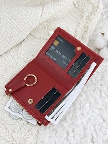 Women's Multifunctional Short Wallet With Zipper, Foldable Buckle Credit Card Storage Bag, Small Wristband Circle Decoration, Suitable For Outdoor Use - Burgundy - View 6