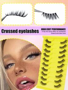 10 Pairs Fish Tail Cross 3D Invisible Stem Eye Tail Enlarged Big Eye Thick Eyelashes, Fluffy Curly Soft Lightweight Faux Mink Hair For Daily, Date, Party And Other Makeup Occasions - Black - View 2