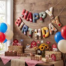 2D Flat Farm And Forest Animal Theme Felt Happy Birthday Banner Set, Rustic And Forest Animal Bunting Decoration DIY Birthday Party Wall Decor - A - View 1