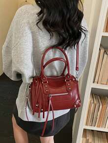Tassel Decor Tote Bag, Distressed Metal Rivet Accessories, Adjustable & Detachable Shoulder Strap, Zipper Closure, American Vintage Pillow Bag, Student & Office Worker Handbag, Versatile Atmosphere Bag - Red - View 4