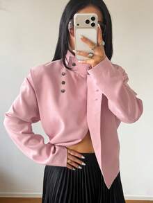Women Asymmetric Collar Oversized Short Jacket Decor Button Drop Shoulder Loose Fit Solid Pink Outerwear Fall Streetwear Coat - Pink - View 6