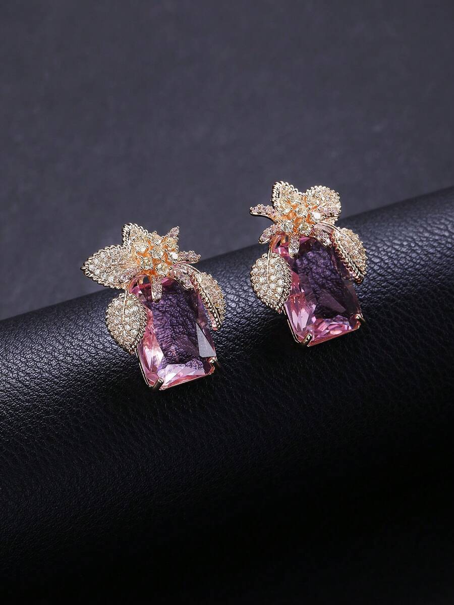 1 Pair Luxury Floral Cubic Zirconia Drop Earrings, Copper Micro Pave ...