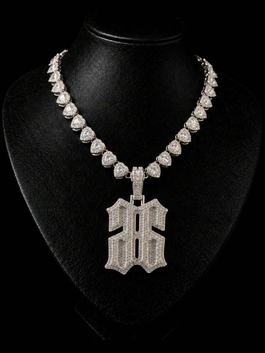 European & American Hip Hop Full Rhinestone Reverse Number 66 Pendant Necklace, Heart Tennis Chain, Unisex Street Rap Cool Fashion Accessory Gift - Reverse Number 6 - View 1
