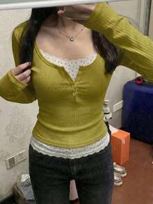 女款 2-In-1 層次感 T-shirt，甜辣風花卉針織上衣，百搭通勤襯衫，長袖 T-shirt - 薑黃色 - 查看 5