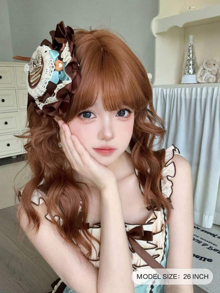 alicegarden 26-Inch Long Synthetic Wig Featuring A Natural Wavy Style In A A Stunning Rust Brown. Designed With Bangs , This False Hairpiece Is Perfect For Ms Daily Party Cosplay Use, Offering A Natural And Natural Durable Wig Gift For Ladies. (No Accessories) - Rust Brown - View 1