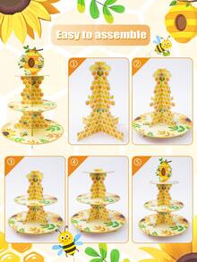 1Set Little Bee Theme Paper Cupcake Stand, First Bee Day Honeycomb Sunflower Dessert Tower, Baby Cake Display Stand, Home Decor, Table Decor, First Birthday Decor, Gender Reveal Decor, Baby Shower Supplies, Boy/Girl Birthday Party Supplies, Party Favors - Bee - View 11