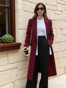 Winter Double-Breasted Wool Long Coat, Blazer Lapel, Side Pockets, Knee-Length, Loose Fit, Commuter Wool Jacket - Burgundy - View 6