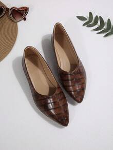 Women Pointed Toe Slip-On Flat Shoes, Solid Faux Leather Comfort Casual Ballet Flats - Brown - View 6