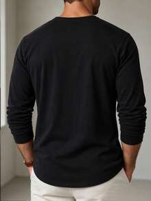 Men's Spring/Autumn Fashion Versatile Colorblock V-Neck Long Sleeve T-Shirt - Black - View 5