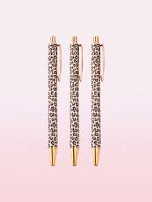 (Available In 9pcs, 6pcs Or 3/1pc Set) Leopard Print Ballpoint Pen Set; 3pcs/Set, Featuring A Click Design And Minimalist Printed Style. Suitable For Daily Writing And Journaling, As Well As An Ideal Gift For Weddings, Valentine's Day Or Back-To-School Season. - Brown Leopard Print - View 5