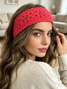 1pc Boho Style Sweet Handmade Ocean Element Hair Band, Knitted Headband With Starfish, Shell, Conch Crochet Pattern Decor, Suitable For Daily Wear And Summer Beach Vacation For Women - Baby Pink - View 10