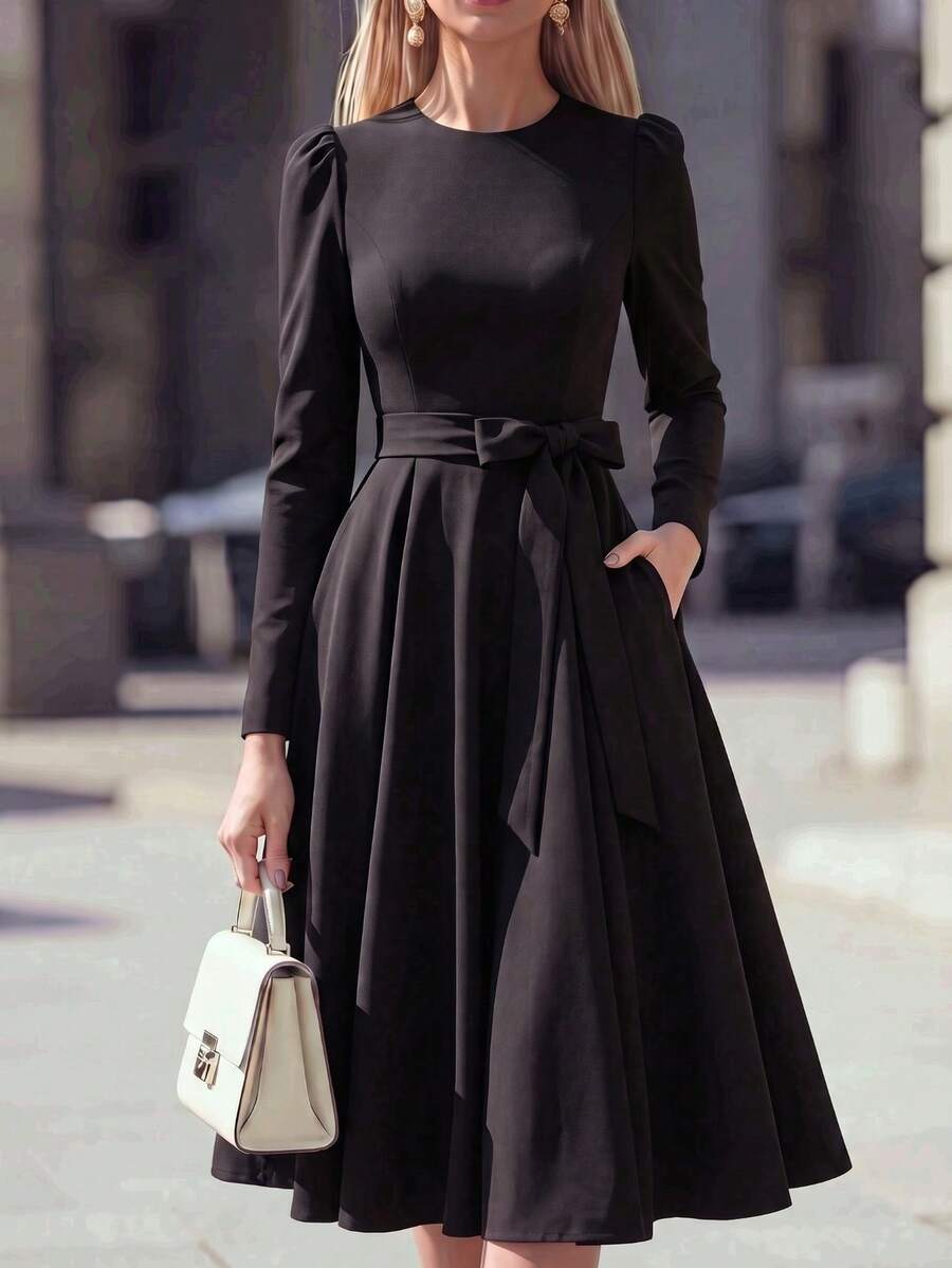 Women's Elegant Bowknot Dress, Autumn, Office & Vacation Style - Black - View 1