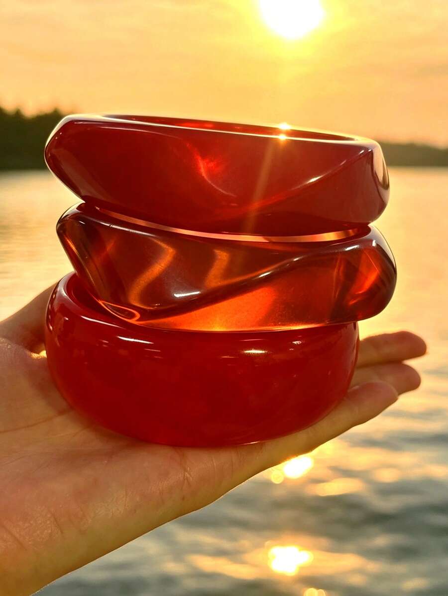 3pcs/Set Fashionable Minimalist Elegant Exquisite Vintage Design Red Resin Asymmetrical Marbled Pattern Geometric Ribbon Wave Chunky Oversized Bangles Set, Holiday Vacation Party Date Gift, Daily Commute Wear, Personalized - Multicolor - View 1