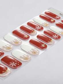 Showyboo Semi-Cured Gel Nail Strips, 20 Pieces, Glow In The Dark Christmas Snowflake Bow Nail Stickers, Luminous Party Festive Design Self-Adhesive Nail Decals For Christmas Night Parties, Rave Events & Holiday Gatherings - Red and White - View 2