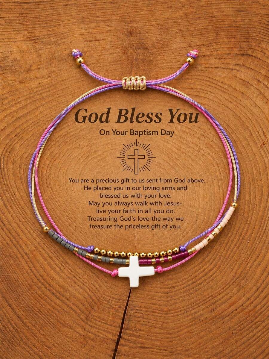 1PC Fashionable Minimalist Colorful Nylon Cross Bracelet, Adjustable Bracelet, Baptism Gift, Blessing Gift - Multicolor - View 1