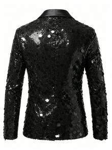 Men's Shiny Sequin Satin Lapel Blazer, Bar Nightclub Singer Stage Performance Formal Suit Jacket, Party Banquet Suit - Black - View 3