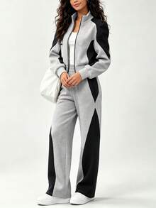 Women's 2 Pieces Sports Set, Includes Full Zip Jacket And Elastic Waist Pants, Perfect For Fitness And Casual Wear - Gray+Black - View 3