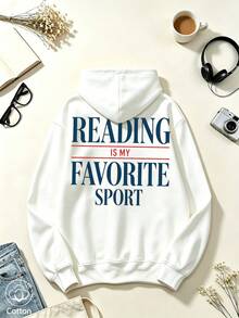 Unisex Oversized Hoodie: 'Reading Is My Favorite Sport' Blue & Red Back Print, Breathable Casual Pullover For Youth, Spring Autumn Daily Wear - White - View 4
