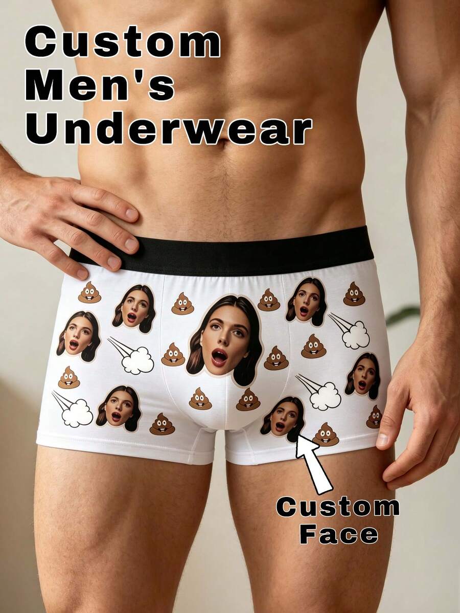 Men's Customized Female Face Poop & Butt Cloud Print White Polyester Boxer Briefs, Funny Creative Couple Gift, Daily Wear - Multicolor - View 1