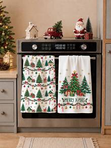 2PCS Kitchen Towels, Christmas Tree Gift Box Pattern Kitchen Towels Dish Cloths, Watercolor Style 40*60cm Rectangular Soft Microfiber Cleaning Kitchen Towels, Perfect For Kitchen, Dining Room And Bathroom Use, Christmas Kitchen Decor, Home Decor, Neighbor Housewarming Gift, Dish Cloths - White - View 2