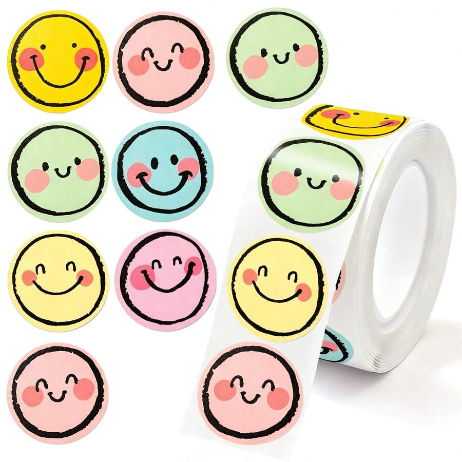 500pcs/Roll Colorful Smiling Face Labels, Cute Smiling Face Labels, Holiday Teacher Reward Decorative Stickers, Motivational Stickers, Happy Smiling Face Handmade Seal Stickers, Gift Self-Adhesive Sealing Stickers, PVC Waterproof Stickers - Multicolor - View 1
