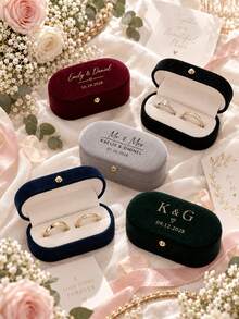 Personalized Oval Velvet Ring Box, Customizable Name And Date, Oval Double Ring Box, Suitable For Wedding, Engagement, Proposal, Bridal Party Gift - Multicolor - View 5