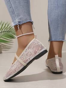 Women's Fashion Sequin Lace Mesh Mary Jane Flat Shoes, Square Toe Single Strap Slip-On Daily Commute Shoes - White - View 6
