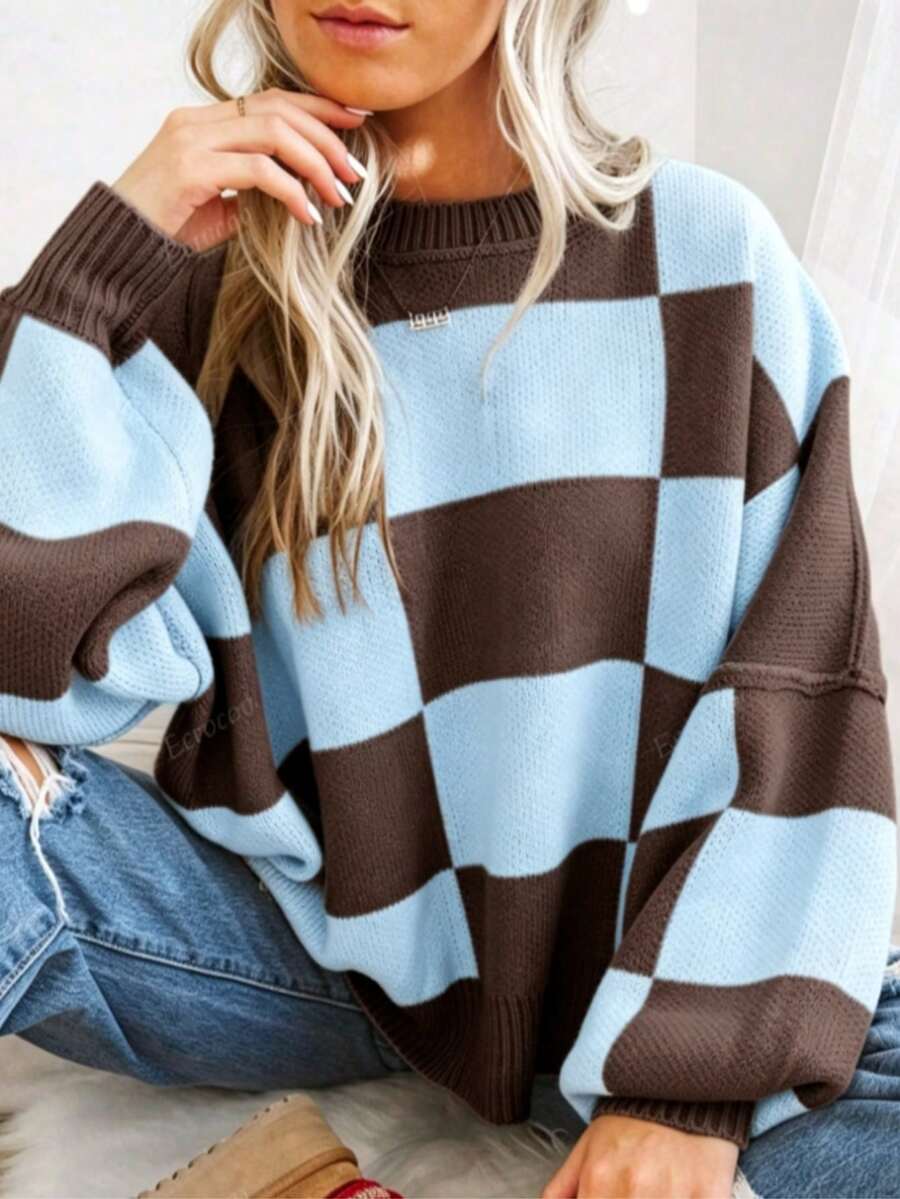 Women's Vintage Checkerboard Colorblock Round Neck Sweater, Loose Lantern Sleeve Plus Size Slouchy Dropped Shoulder Pullover Knit Top, Autumn/Winter - Blue - View 1