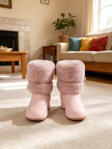Girls' Pink Sweet Princess Playful Party Style Anti-Freeze Warm Easy On/Off Pearl Bow Versatile Low Heel Casual Kids Boots - Pink - View 6