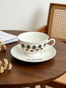 1pc Palm Tree Camel Ceramic Coffee Cup And Saucer, Suitable For Daily Home Use, Kitchen, Restaurant, Cafe, Office; Perfect For Espresso And Arabic Coffee. Saudi Style Coffee Cup, Ideal For Afternoon Tea, Cafe And Kitchen - Perfect Gift. - Multicolor - View 1