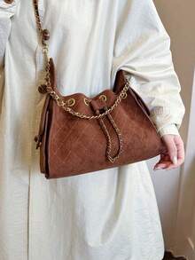 Vintage Motorcycle Style Chain Tote Bag, Metal Chain Shoulder Strap With Round Ring Hole Design, Contrast Stitching Outlining The Bag Body, Multi-Pocket Structure, Ample Storage Space, Suitable For Daily Outings, Creating A Sweet And Cool Vintage Vibe Outfit - Brown - View 4