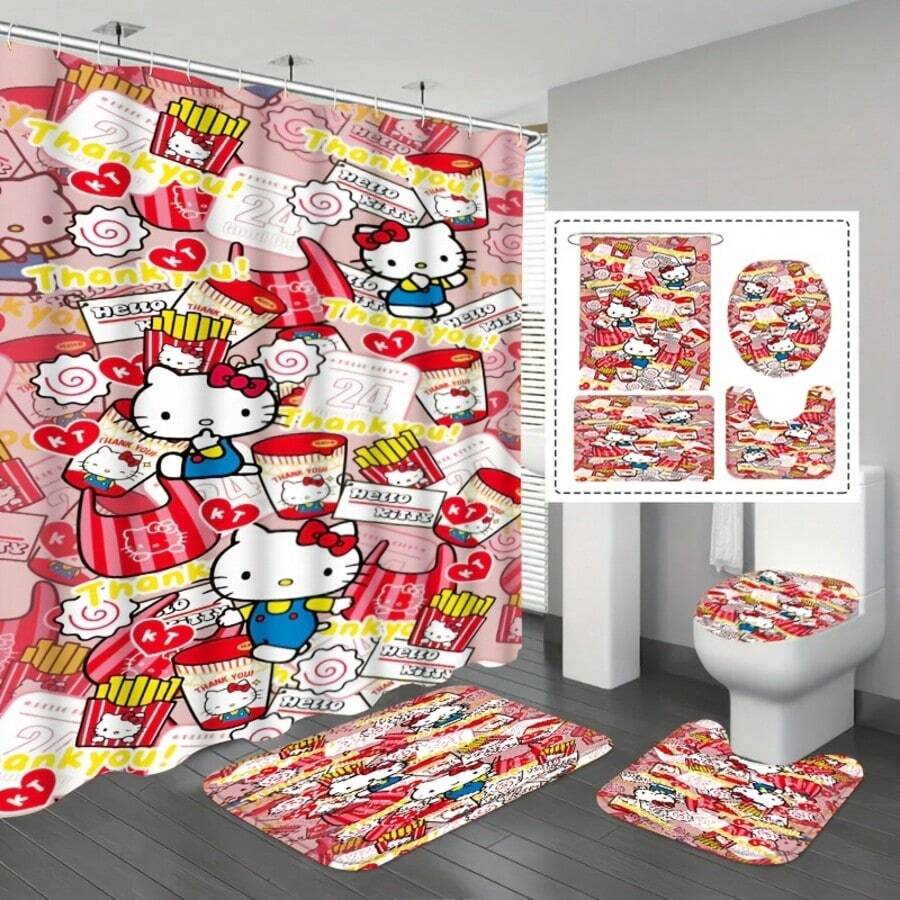4pcs Cartoon Sanrio Family Bathroom Decor Set, Includes Non-Slip Bath Mat, U-Shaped Mat, Toilet Lid Cover, Shower Curtain And 12 Hooks, Waterproof, Washable, Non-Slip, Durable, Soft - Shower Curtain and Bath Mat - View 1