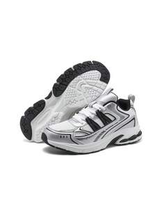 1 Pair Contrast Color Retro Chunky Sneakers Casual Sports Running Shoes Mesh Breathable Comfortable Shock-Absorbing Soft & Bouncy - Silver - View 8