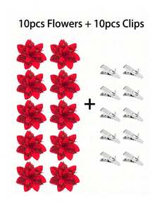 Glitter Poinsettia Christmas Tree Decoration Set - Suitable For Christmas Wreaths, Party Decor, Home Styling, Holiday Celebrations, And Gift Box Embellishments. - Dark Red - View 12