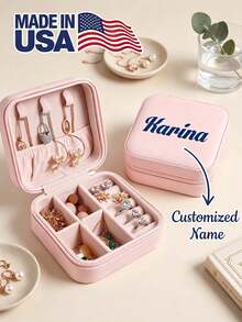 Personalized Photo Keepsake Pink Jewelry Box With Name For Rings, Necklaces, And Bracelets, Zipper Closure With Faux Suede Lining, Square And Portable - Multicolor - View 6